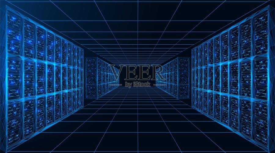 數據中心用于處理和存儲信息的服務器數字超級計算機的走廊插畫圖片